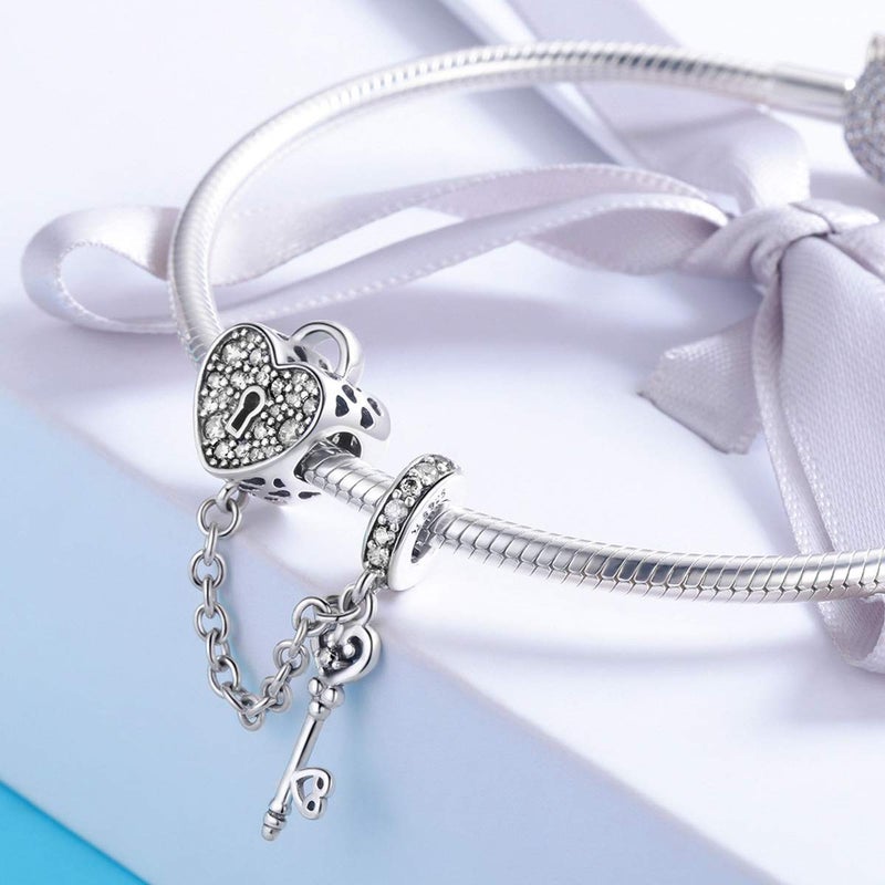 WOSTU 925 Sterling Silver Charms for Bracelets Key Love Heart Cubic Zirconia Bead Charm for Women - Image 2